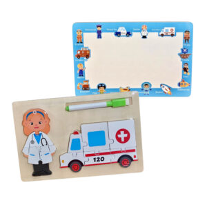 Ekologiczne drewniane puzzle edukacyjne 2w1 z tablicą suchościeralną i trójwymiarowym ambulansem oraz panią doktor z pisakiem dla dzieci od 3 lat