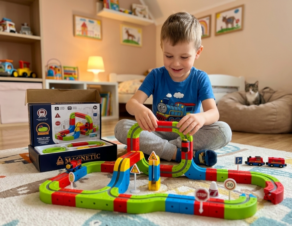 Klocki magnetyczne tor antygrawitacyjny 146 elementów z magiczną kolejką jeżdżącą w pionie i po ścianie dla dzieci od 3 lat
