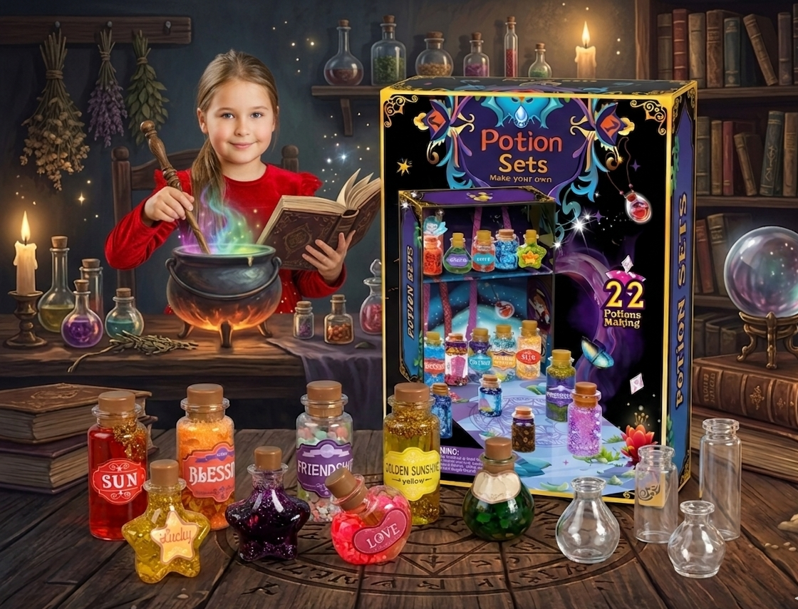 Kreatywny zestaw Magiczne Eliksiry Potion Sets DIY ze świecącymi w ciemności miksturami proszkiem brokatem i szafką dla dzieci od 6 lat