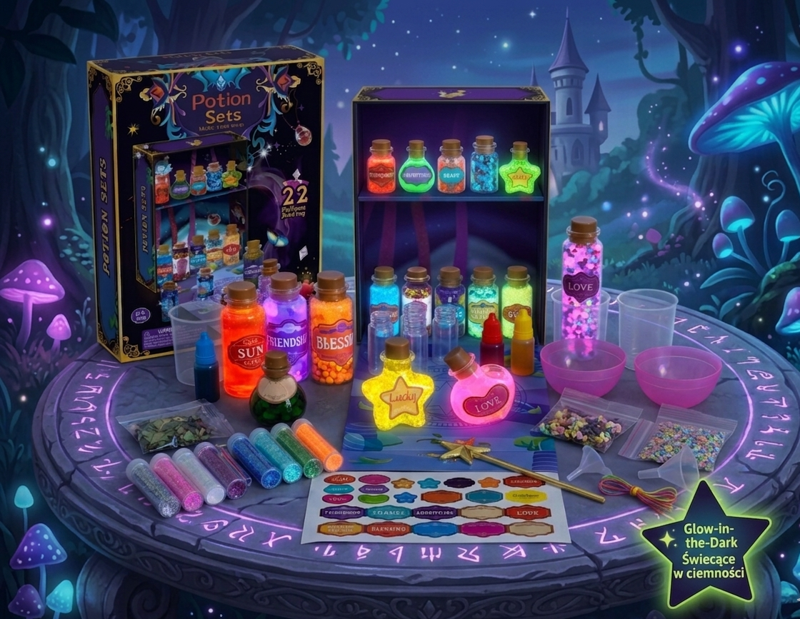 Kreatywny zestaw Magiczne Eliksiry Potion Sets DIY ze świecącymi w ciemności miksturami proszkiem brokatem i szafką dla dzieci od 6 lat