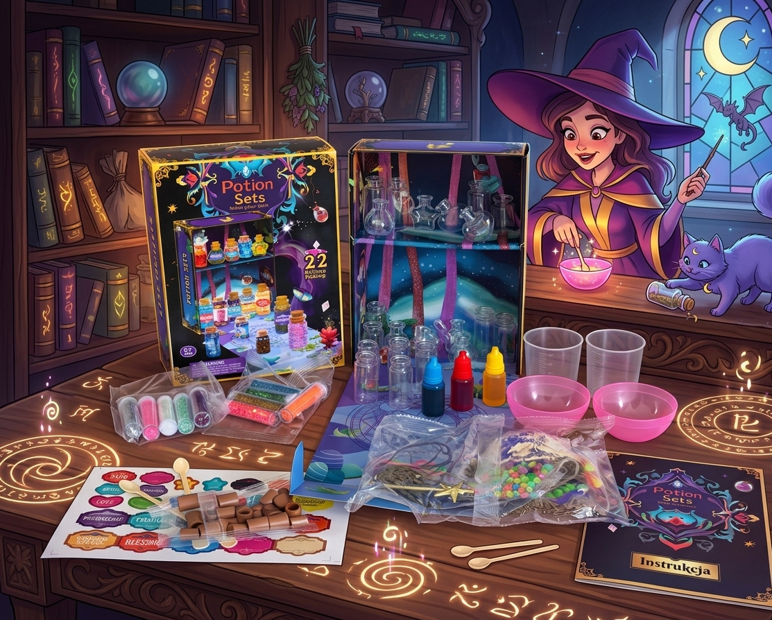 Kreatywny zestaw Magiczne Eliksiry Potion Sets DIY ze świecącymi w ciemności miksturami proszkiem brokatem i szafką dla dzieci od 6 lat