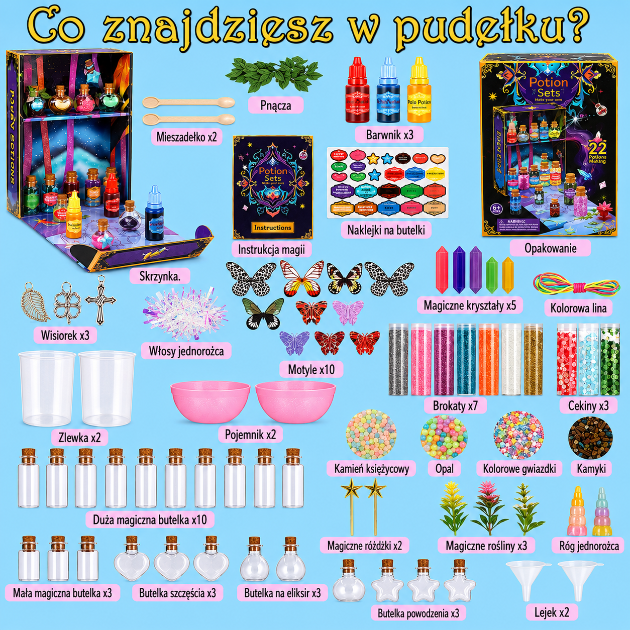 Kreatywny zestaw Magiczne Eliksiry Potion Sets DIY ze świecącymi w ciemności miksturami proszkiem brokatem i szafką dla dzieci od 6 lat