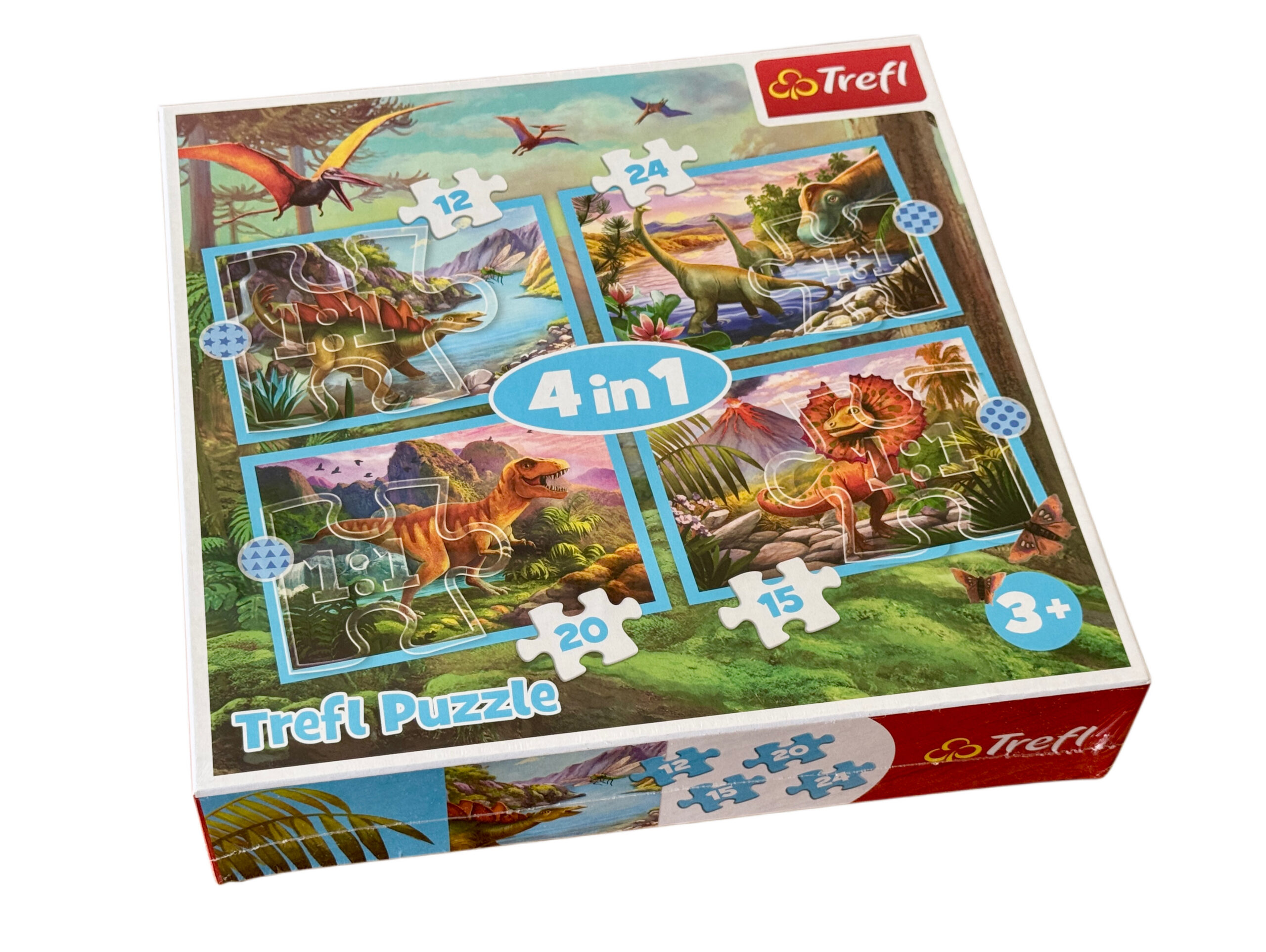 Zestaw ekologicznych puzzli Trefl 4w1 Wyjątkowe Dinozaury z ilustracjami T-Rexa i stegozaura dla dzieci od 3 lat