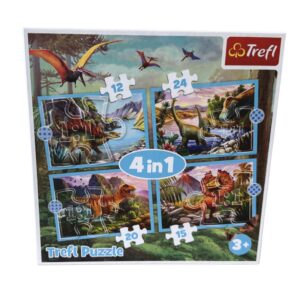 Zestaw ekologicznych puzzli Trefl 4w1 Wyjątkowe Dinozaury z ilustracjami T-Rexa i stegozaura dla dzieci od 3 lat