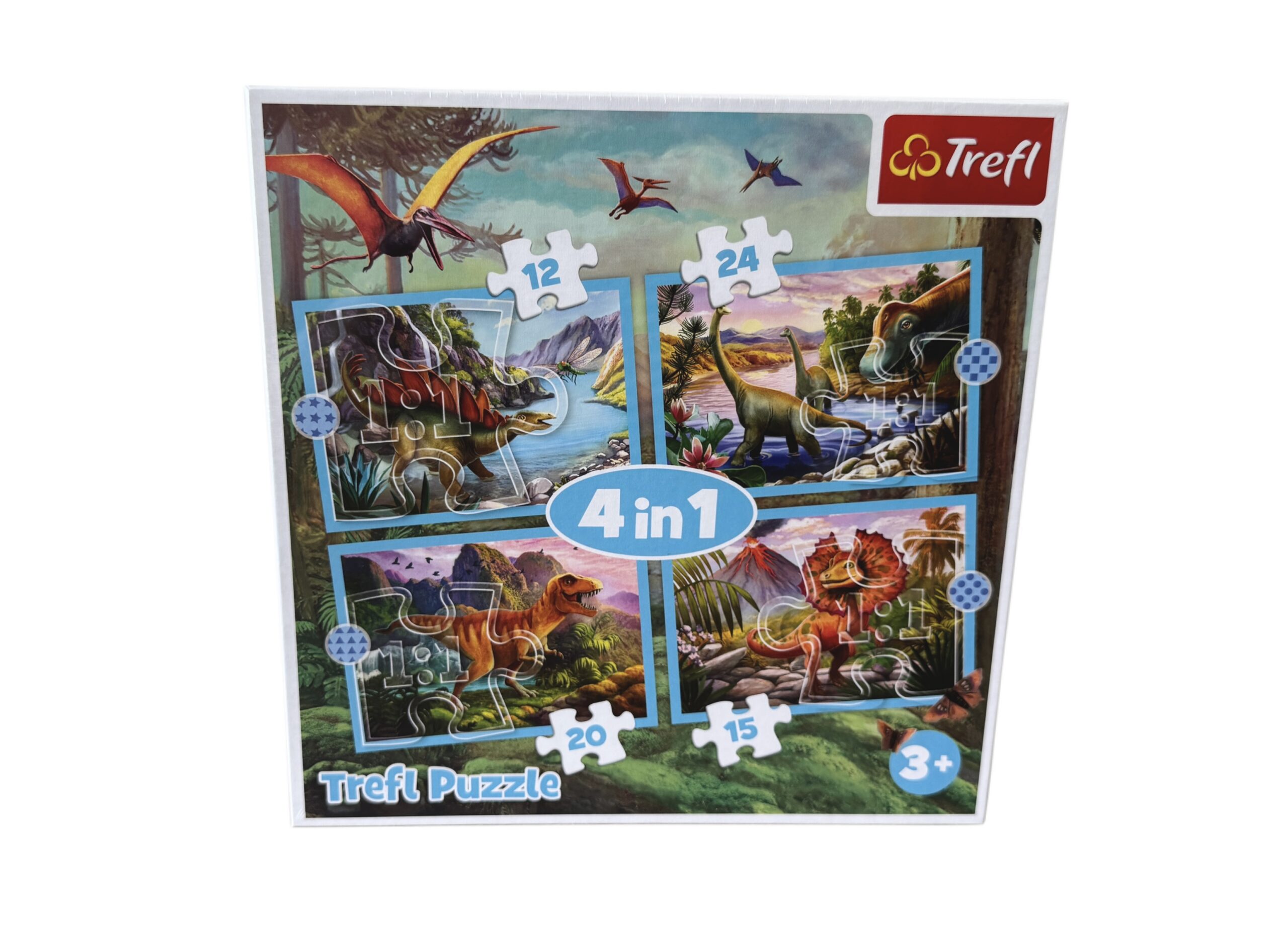 Zestaw ekologicznych puzzli Trefl 4w1 Wyjątkowe Dinozaury z ilustracjami T-Rexa i stegozaura dla dzieci od 3 lat