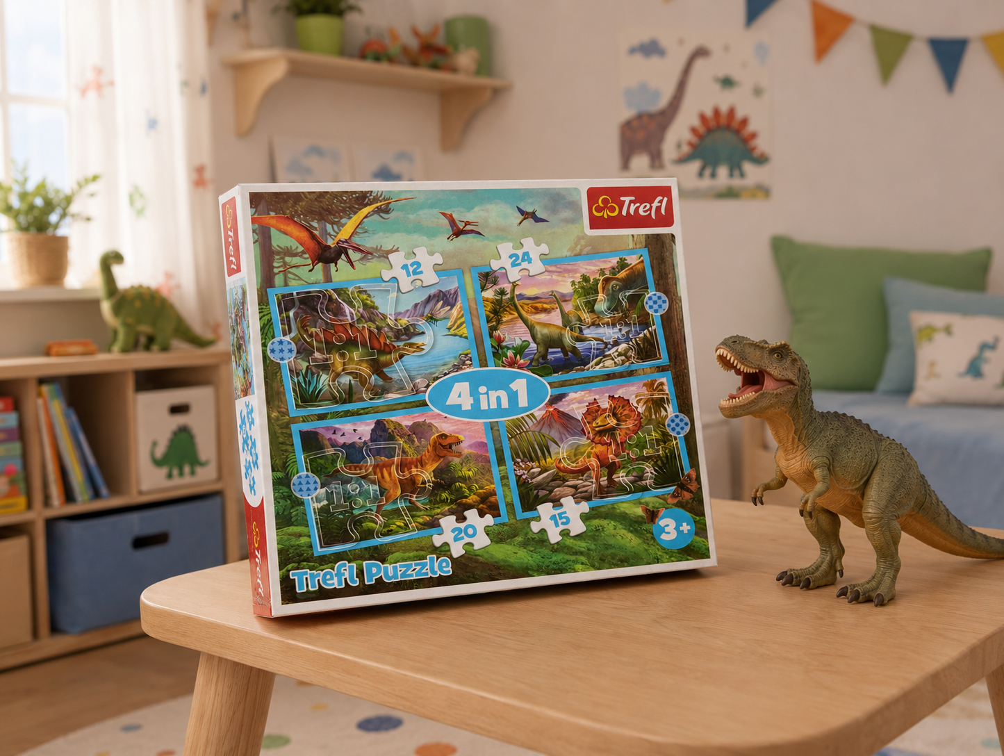 Zestaw ekologicznych puzzli Trefl 4w1 Wyjątkowe Dinozaury z ilustracjami T-Rexa i stegozaura dla dzieci od 3 lat