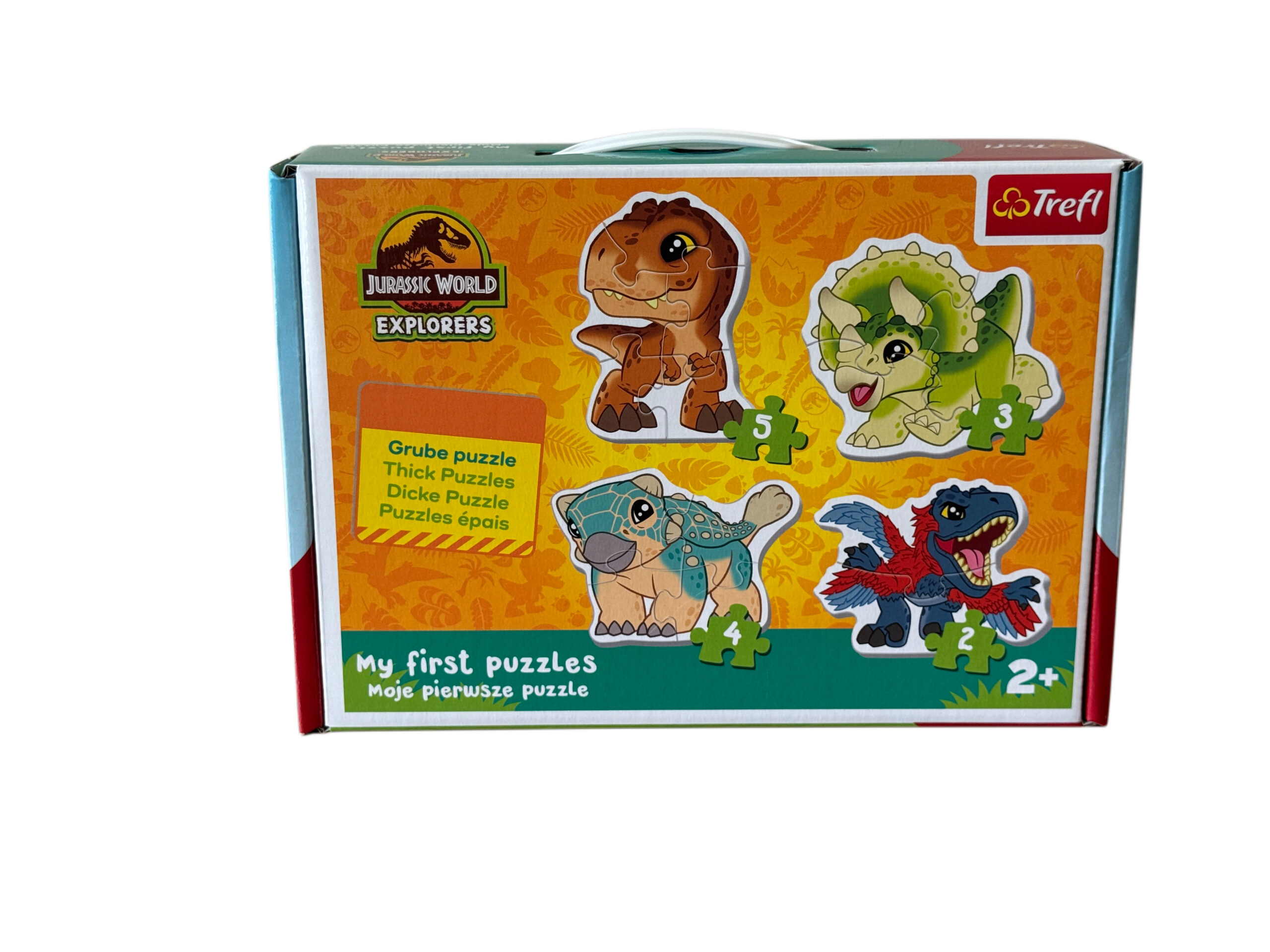 Pierwsze grube puzzle dla dzieci Trefl Baby Urocze Dinozaury Jurassic World z uśmiechniętym tyranozaurem i triceratopsem dla 2 latka