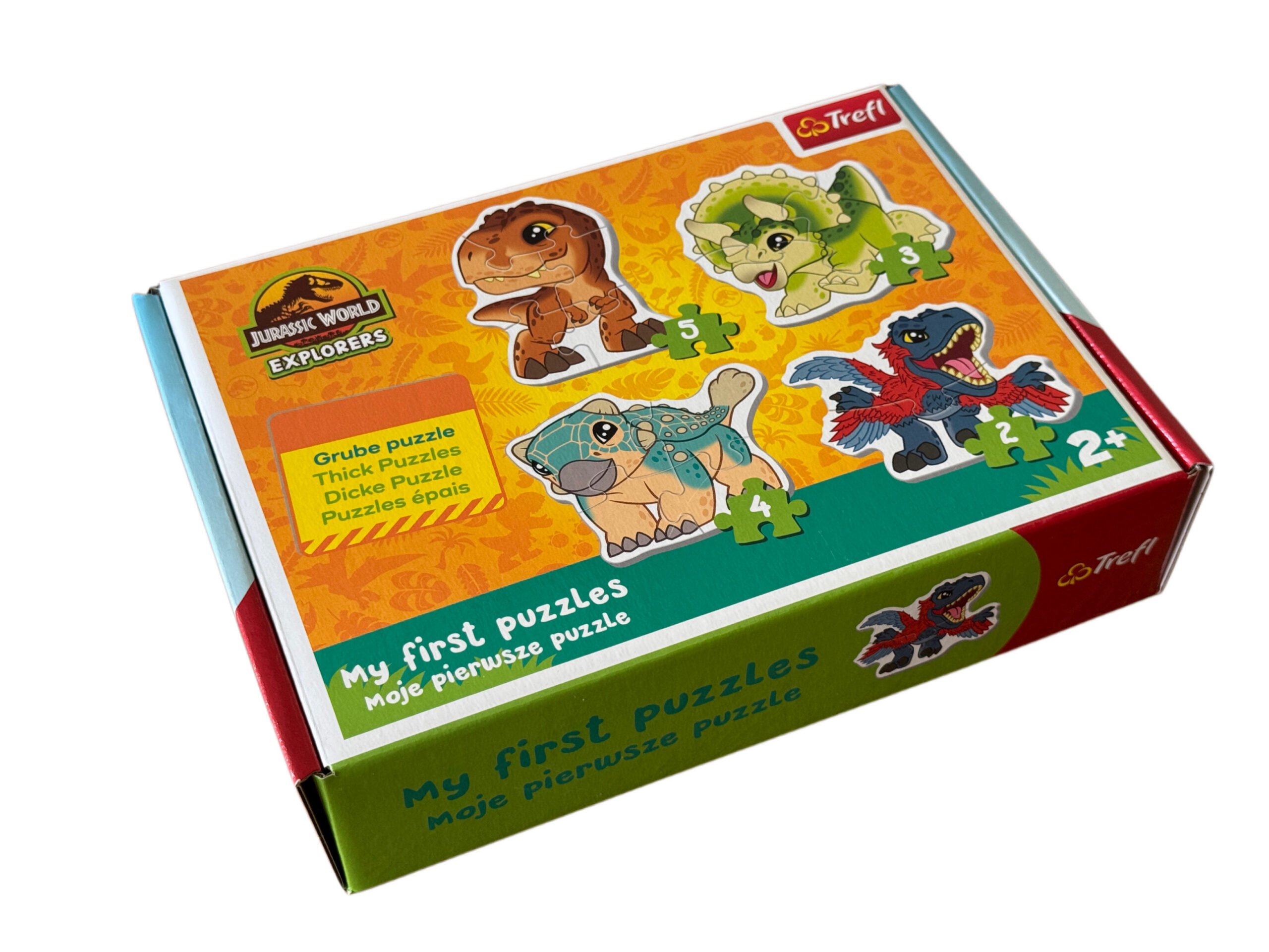 Pierwsze grube puzzle dla dzieci Trefl Baby Urocze Dinozaury Jurassic World z uśmiechniętym tyranozaurem i triceratopsem dla 2 latka