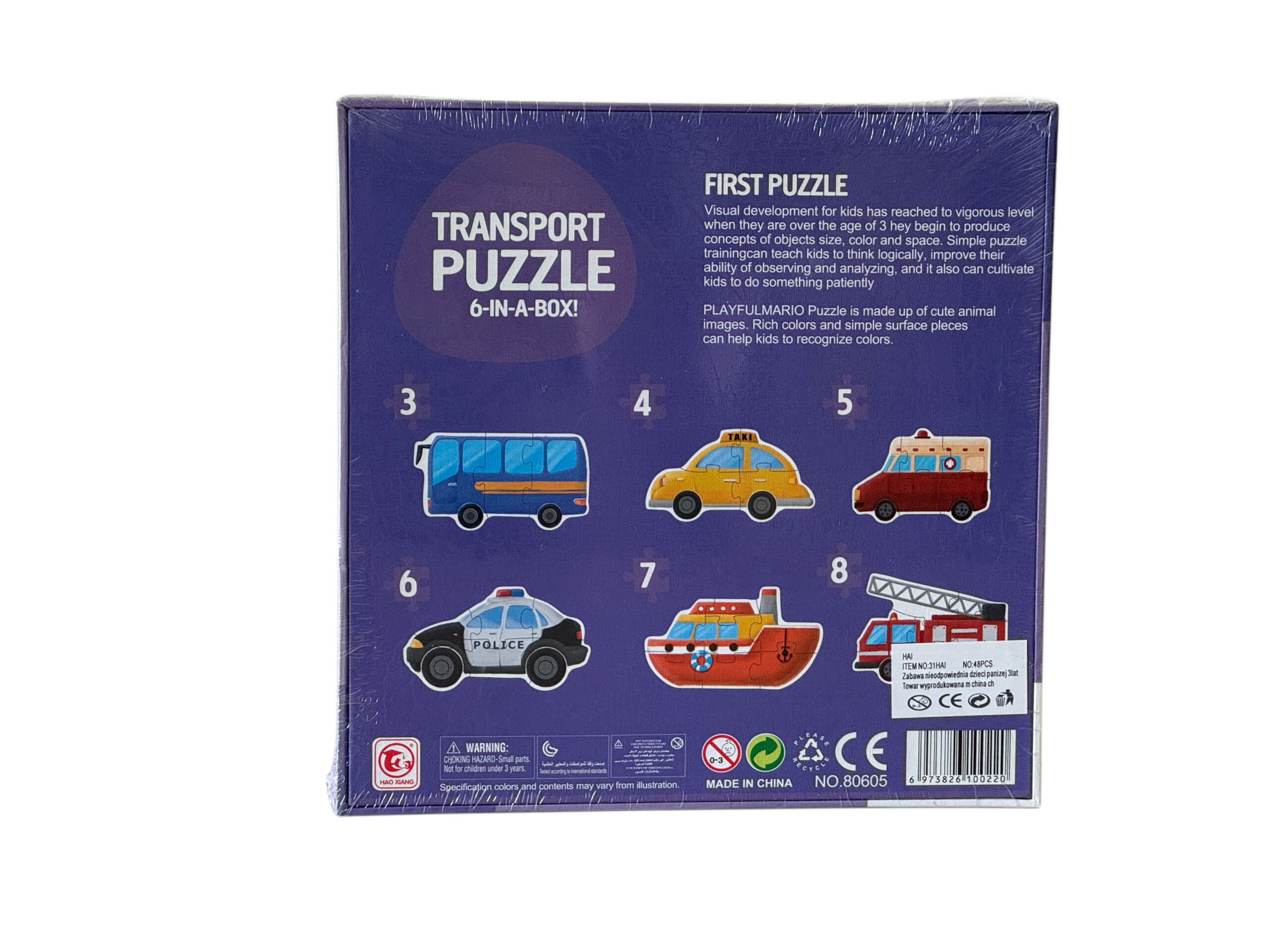 Zestaw edukacyjny Moje Pierwsze Puzzle Transport 6w1 z kolorowymi pojazdami autobusem radiowozem i wozem strażackim dla dzieci od 3 lat
