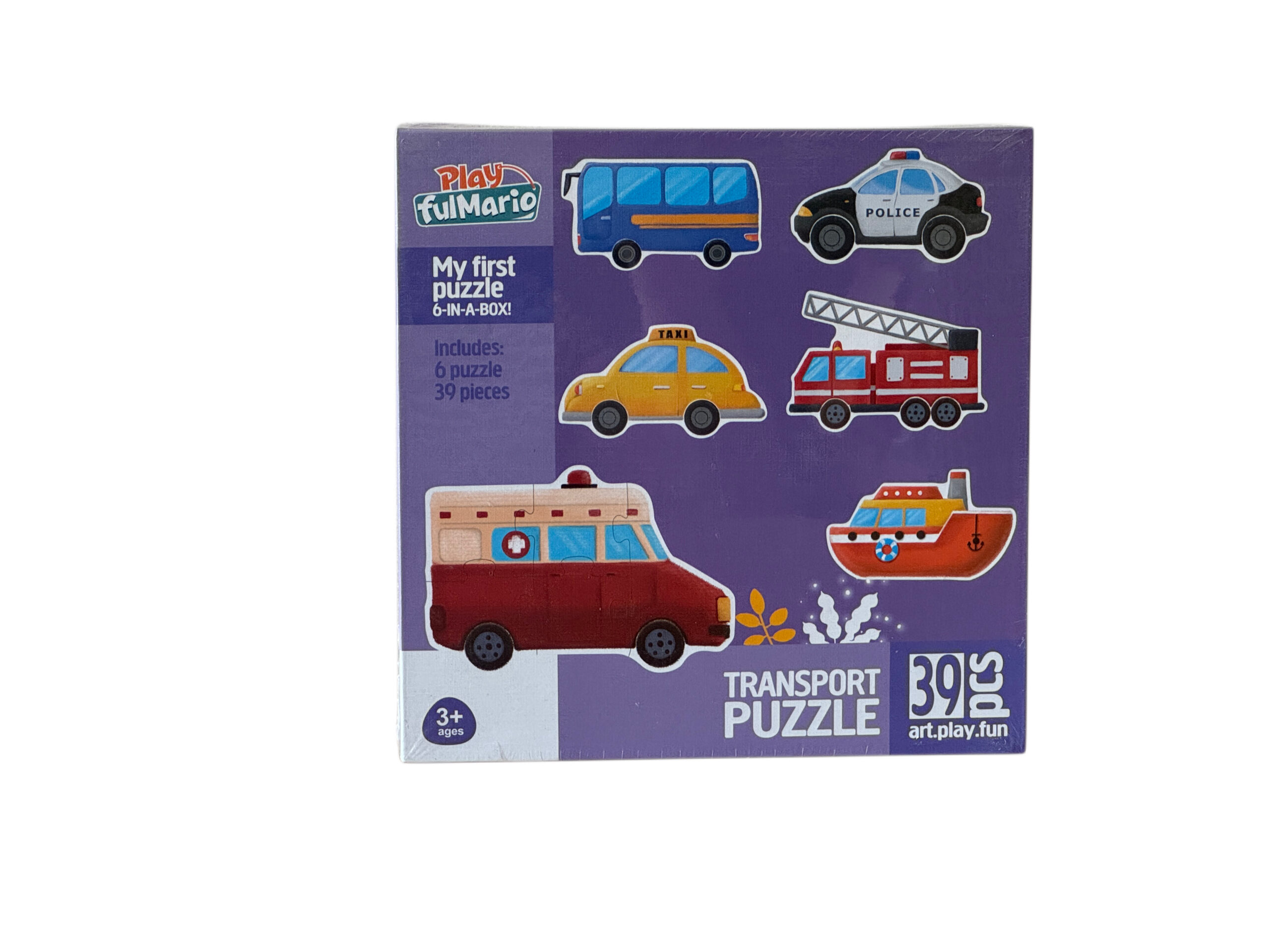 Zestaw edukacyjny Moje Pierwsze Puzzle Transport 6w1 z kolorowymi pojazdami autobusem radiowozem i wozem strażackim dla dzieci od 3 lat