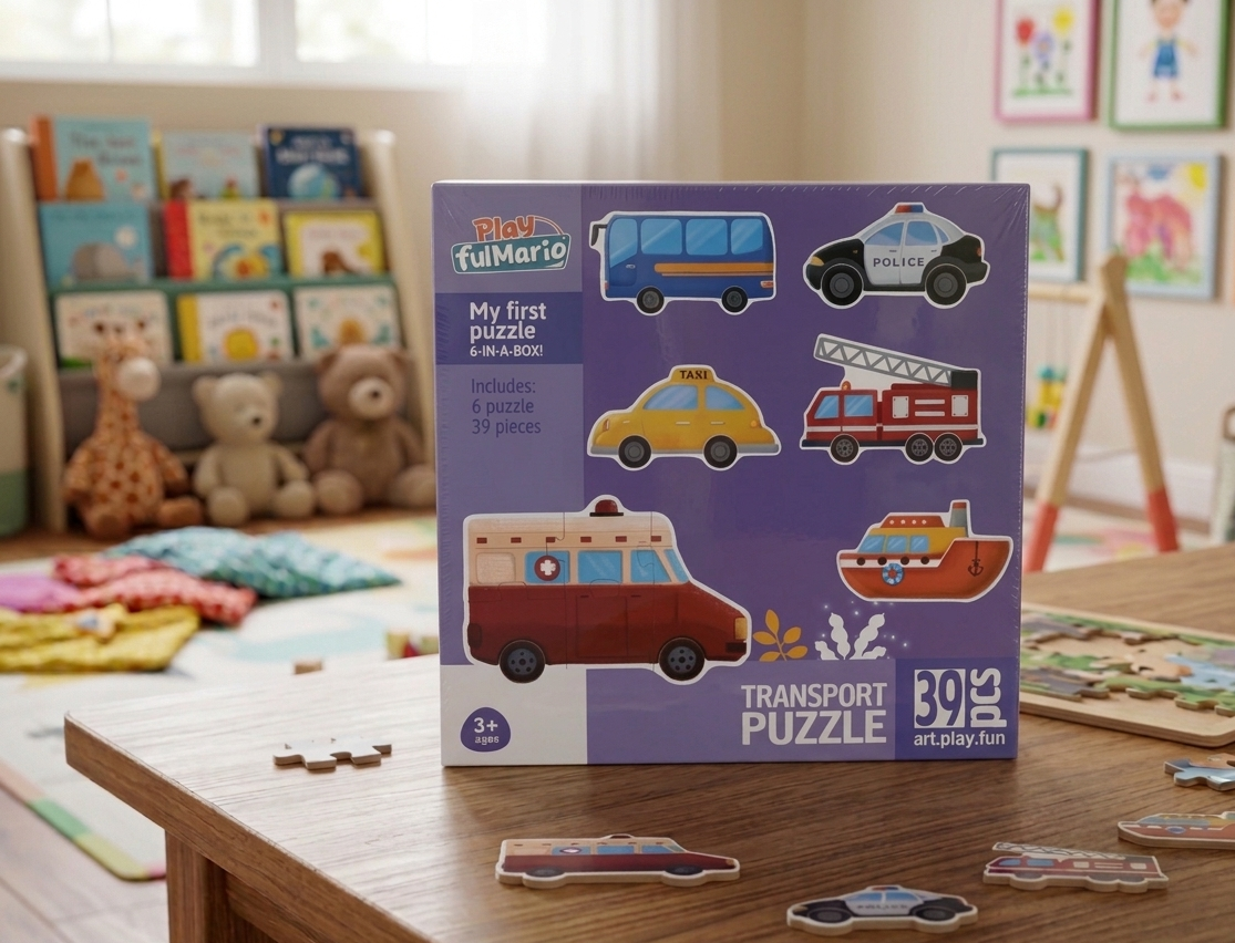 Zestaw edukacyjny Moje Pierwsze Puzzle Transport 6w1 z kolorowymi pojazdami autobusem radiowozem i wozem strażackim dla dzieci od 3 lat