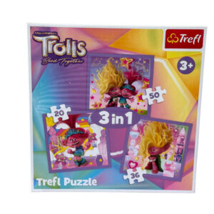 Zestaw trzech układanek puzzle Trefl 3w1 z bajki Trolle z bohaterami Poppy i Branch dla dzieci od 3 lat