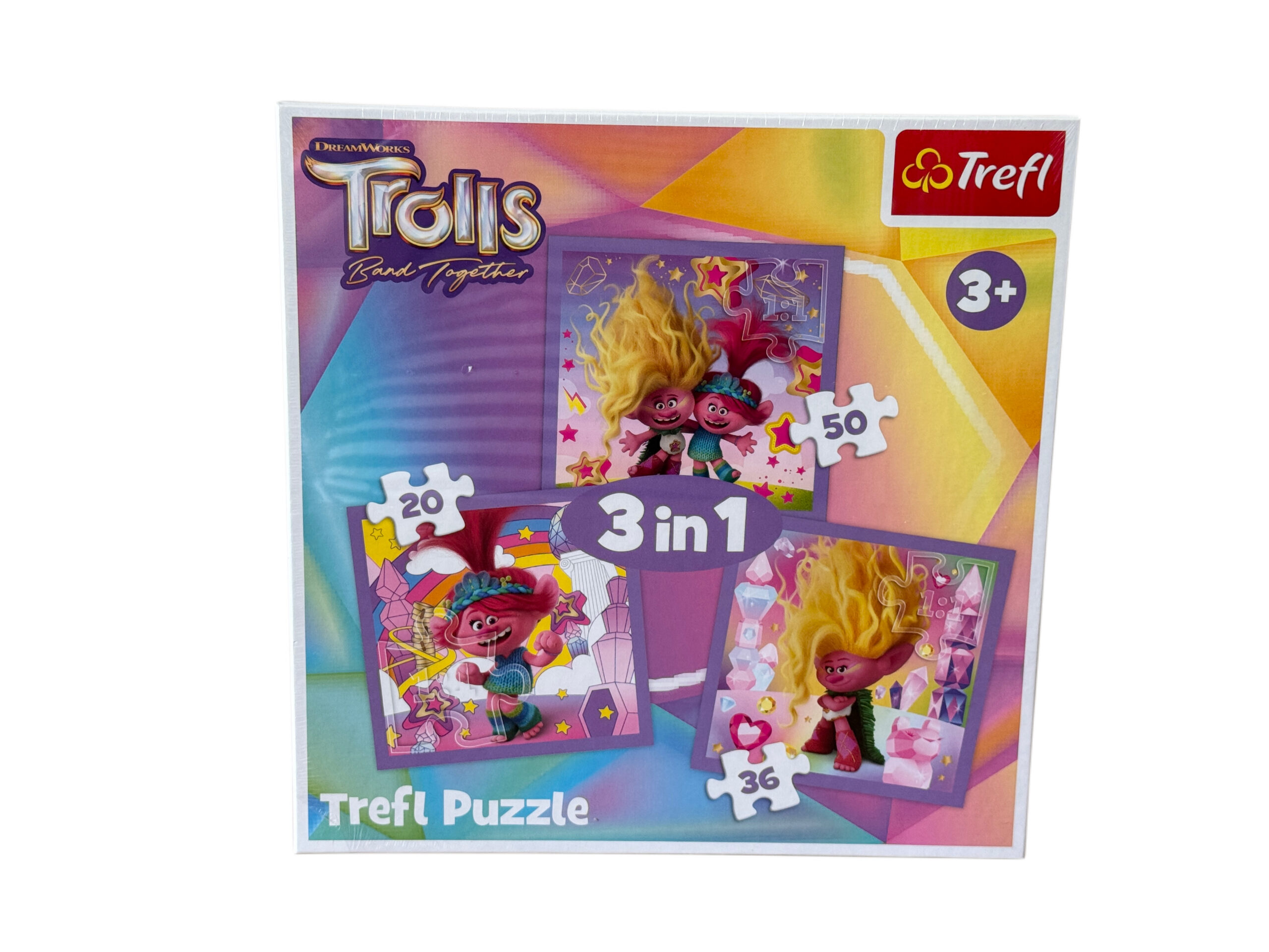 Zestaw trzech układanek puzzle Trefl 3w1 z bajki Trolle z bohaterami Poppy i Branch dla dzieci od 3 lat