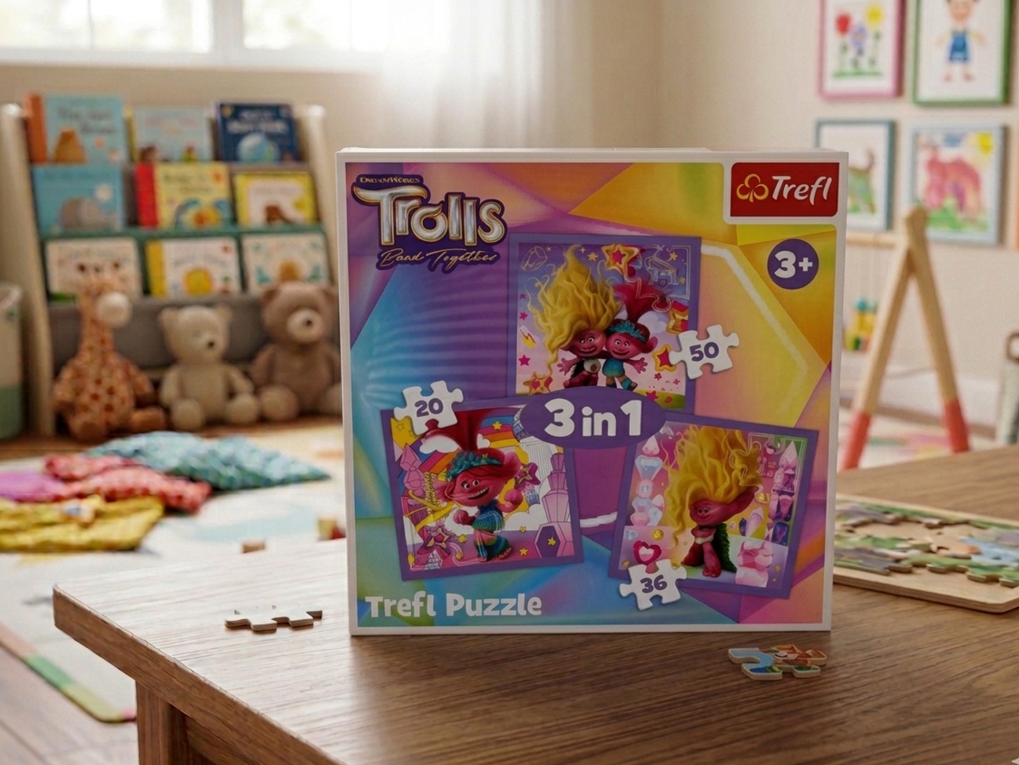 Zestaw trzech układanek puzzle Trefl 3w1 z bajki Trolle z bohaterami Poppy i Branch dla dzieci od 3 lat