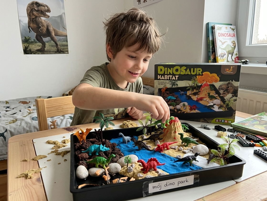 Zestaw edukacyjny dla dzieci z 12 figurkami dinozaurów i modelem wybuchającego wulkanu Run Ju Toys
