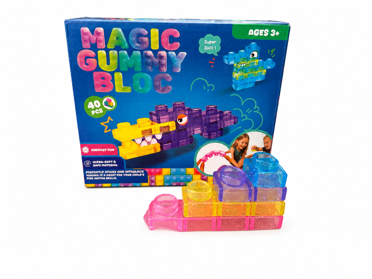 Magic Gummy Bloc – Gumowe Klocki Sensoryczne z brokatem (40 elementów)