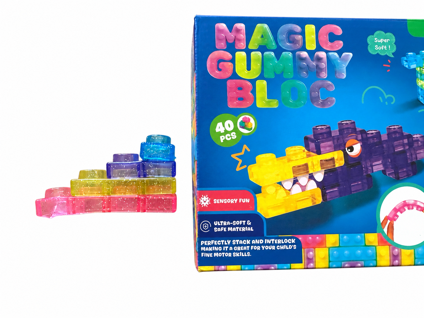 Magic Gummy Bloc – Gumowe Klocki Sensoryczne z brokatem (40 elementów) - obrazek 4